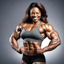 A high-resolution photograph capturing a muscular woman in the midst of flexing her impressively large biceps