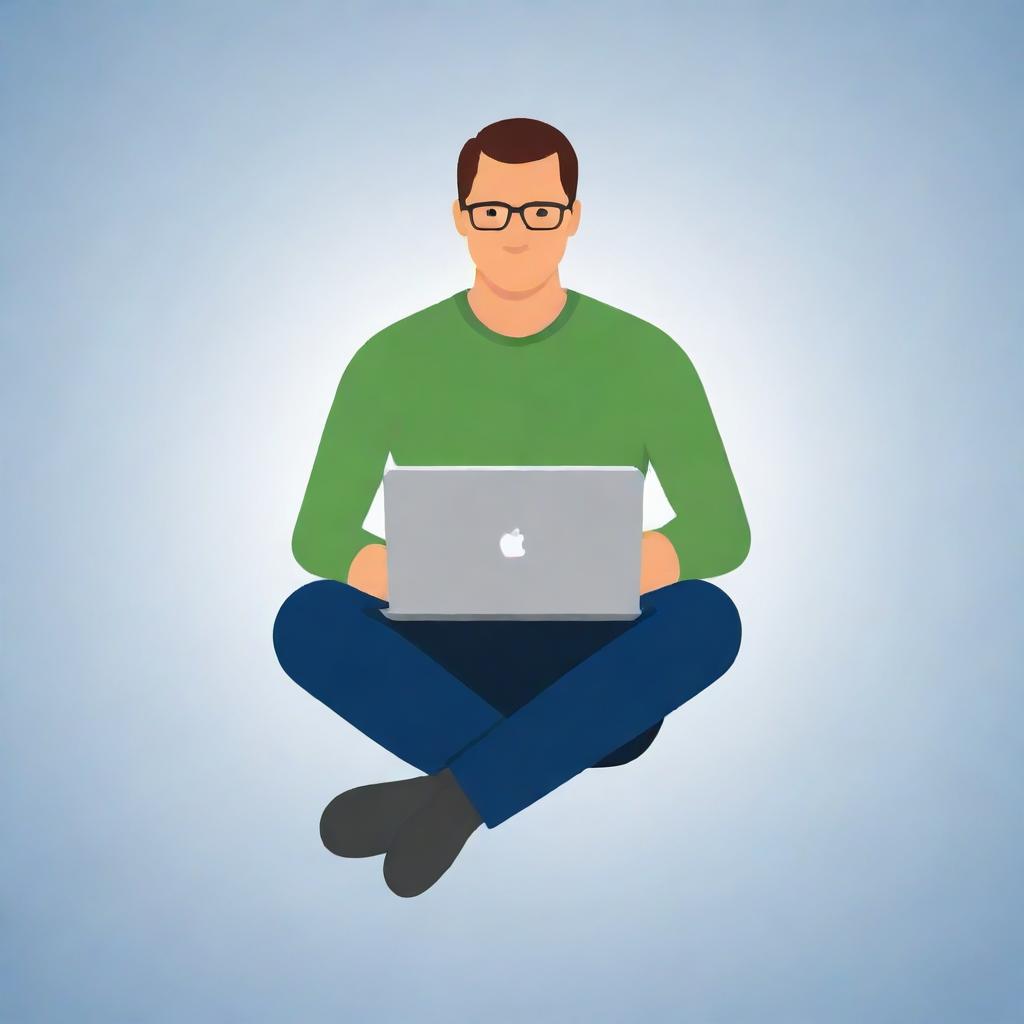 Generate an image of a man sitting with a laptop, illustrated in a flat, modern icon style.