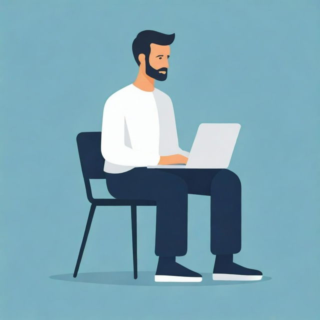 Generate an image of a man sitting with a laptop, illustrated in a flat, modern icon style.