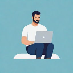 Generate an image of a man sitting with a laptop, illustrated in a flat, modern icon style.