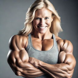 A high-resolution photograph capturing a blonde woman with muscular physique