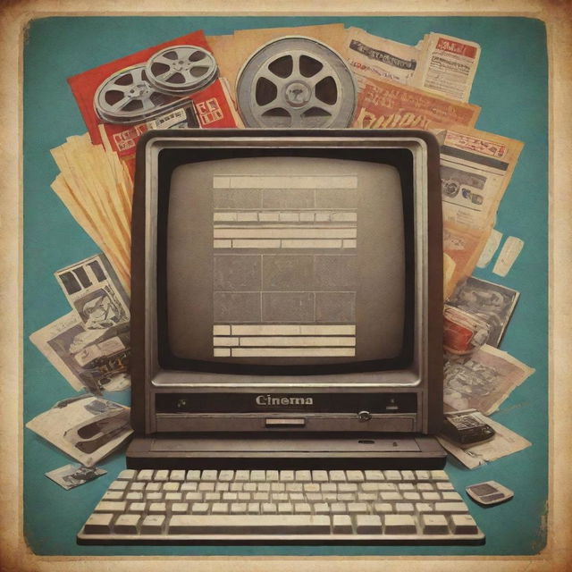 A retro-style cinema poster with a prominent computer keyboard, adorned with classic cinema motifs such as film reels and projectors, all rendered in rich, nostalgic colors.