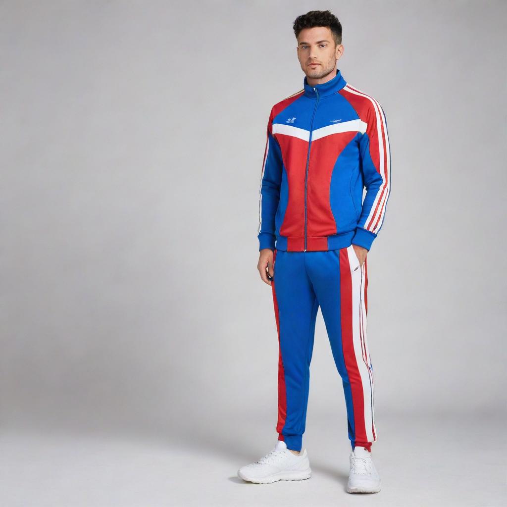 A tracksuit where the dominant color is blue, and red and white are mixed in, standalone with no one wearing it