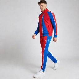 A tracksuit where the dominant color is blue, and red and white are mixed in, standalone with no one wearing it