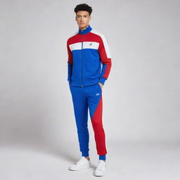 A tracksuit where the dominant color is blue, and red and white are mixed in, standalone with no one wearing it