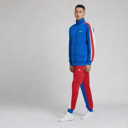 A tracksuit where the dominant color is blue, and red and white are mixed in, standalone with no one wearing it