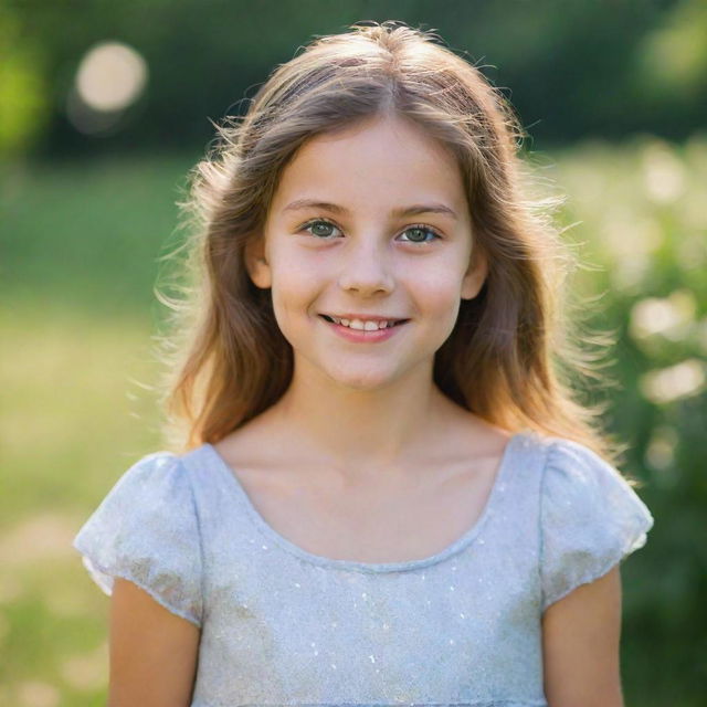 A portrait of a girl with sparkling eyes, a sweet smile, wearing a summer dress within a serene, natural background