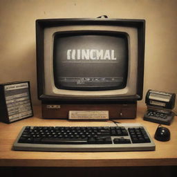 A revised vintage cinema poster with only a computer keyboard as the focal point, embedded within classic cinema ambiance excluding a computer monitor.