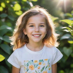 A portrait of a young girl in a vibrant garden, with sun filtering through the foliage, casting a soft light on her cheerful face.