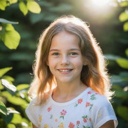 A portrait of a young girl in a vibrant garden, with sun filtering through the foliage, casting a soft light on her cheerful face.