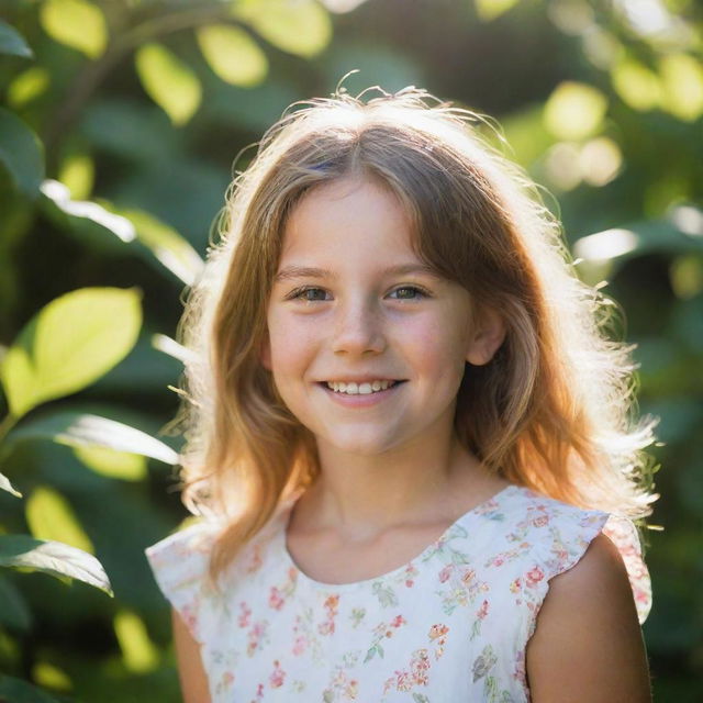 A portrait of a young girl in a vibrant garden, with sun filtering through the foliage, casting a soft light on her cheerful face.