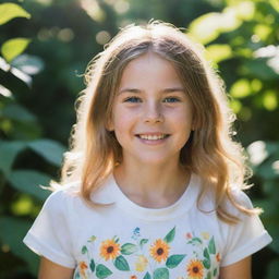 A portrait of a young girl in a vibrant garden, with sun filtering through the foliage, casting a soft light on her cheerful face.