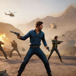 A dynamic action scene from the video game Free Fire, with characters engaged in thrilling gun battle amidst a dramatically lit landscape.