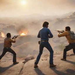 A dynamic action scene from the video game Free Fire, with characters engaged in thrilling gun battle amidst a dramatically lit landscape.