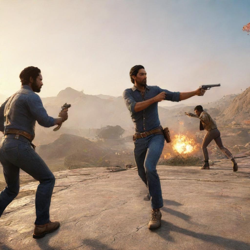 A dynamic action scene from the video game Free Fire, with characters engaged in thrilling gun battle amidst a dramatically lit landscape.