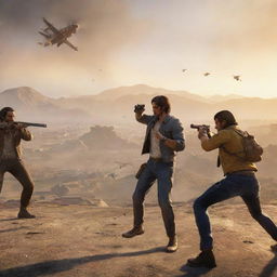 A dynamic action scene from the video game Free Fire, with characters engaged in thrilling gun battle amidst a dramatically lit landscape.