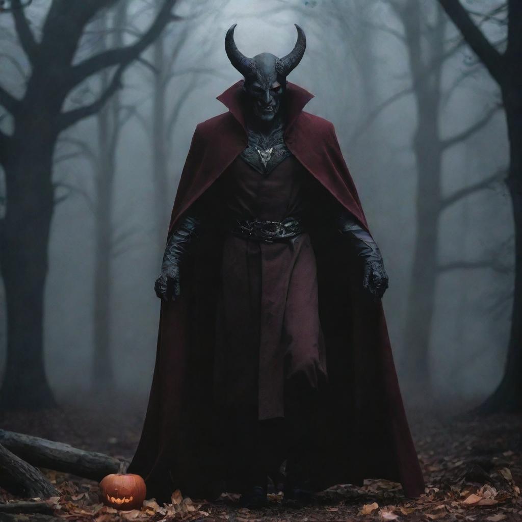 A dark autumn setting with Mephisto, a mythical demon character, subtly looming in the backdrop.