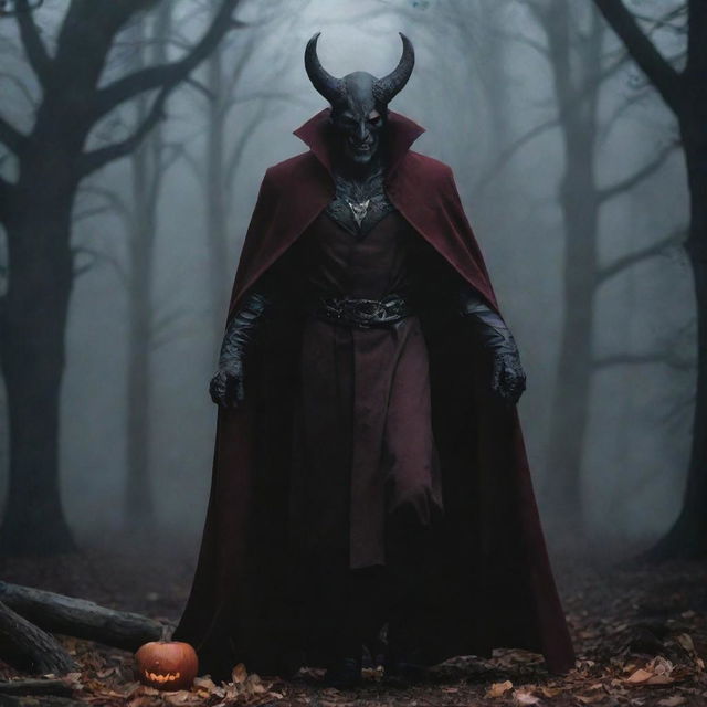 A dark autumn setting with Mephisto, a mythical demon character, subtly looming in the backdrop.