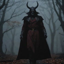 A dark autumn setting with Mephisto, a mythical demon character, subtly looming in the backdrop.