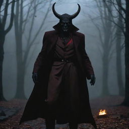 A dark autumn setting with Mephisto, a mythical demon character, subtly looming in the backdrop.