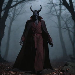 A dark autumn setting with Mephisto, a mythical demon character, subtly looming in the backdrop.