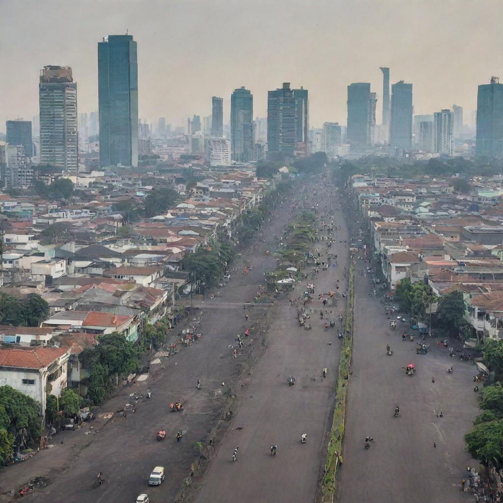 A bustling cityscape of Jakarta with humans engaged in various activities, surrounded by an oil (coal) industry contributing to air pollution, dominated by tall buildings, sparse green open spaces, and wide asphalt sidewalks