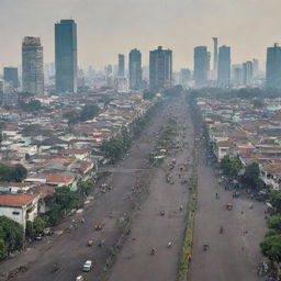 A bustling cityscape of Jakarta with humans engaged in various activities, surrounded by an oil (coal) industry contributing to air pollution, dominated by tall buildings, sparse green open spaces, and wide asphalt sidewalks