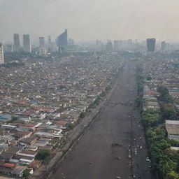 A bustling cityscape of Jakarta with humans engaged in various activities, surrounded by an oil (coal) industry contributing to air pollution, dominated by tall buildings, sparse green open spaces, and wide asphalt sidewalks