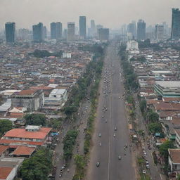 A bustling cityscape of Jakarta with humans engaged in various activities, surrounded by an oil (coal) industry contributing to air pollution, dominated by tall buildings, sparse green open spaces, and wide asphalt sidewalks