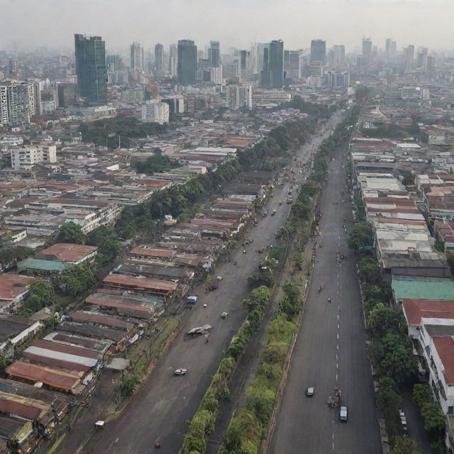 A bustling cityscape of Jakarta with humans engaged in various activities, surrounded by an oil (coal) industry contributing to air pollution, dominated by tall buildings, sparse green open spaces, and wide asphalt sidewalks