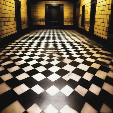 The eerie tiling patterns on the floor of the haunted house added to the horror ambiance.