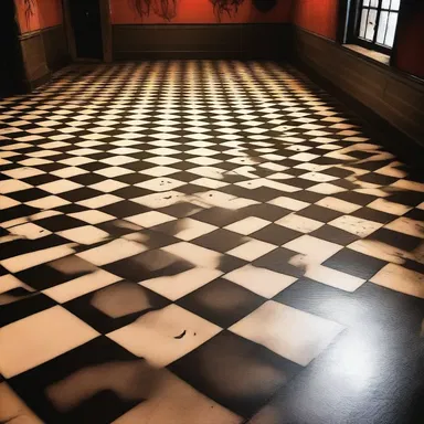 The eerie tiling patterns on the floor of the haunted house added to the horror ambiance.
