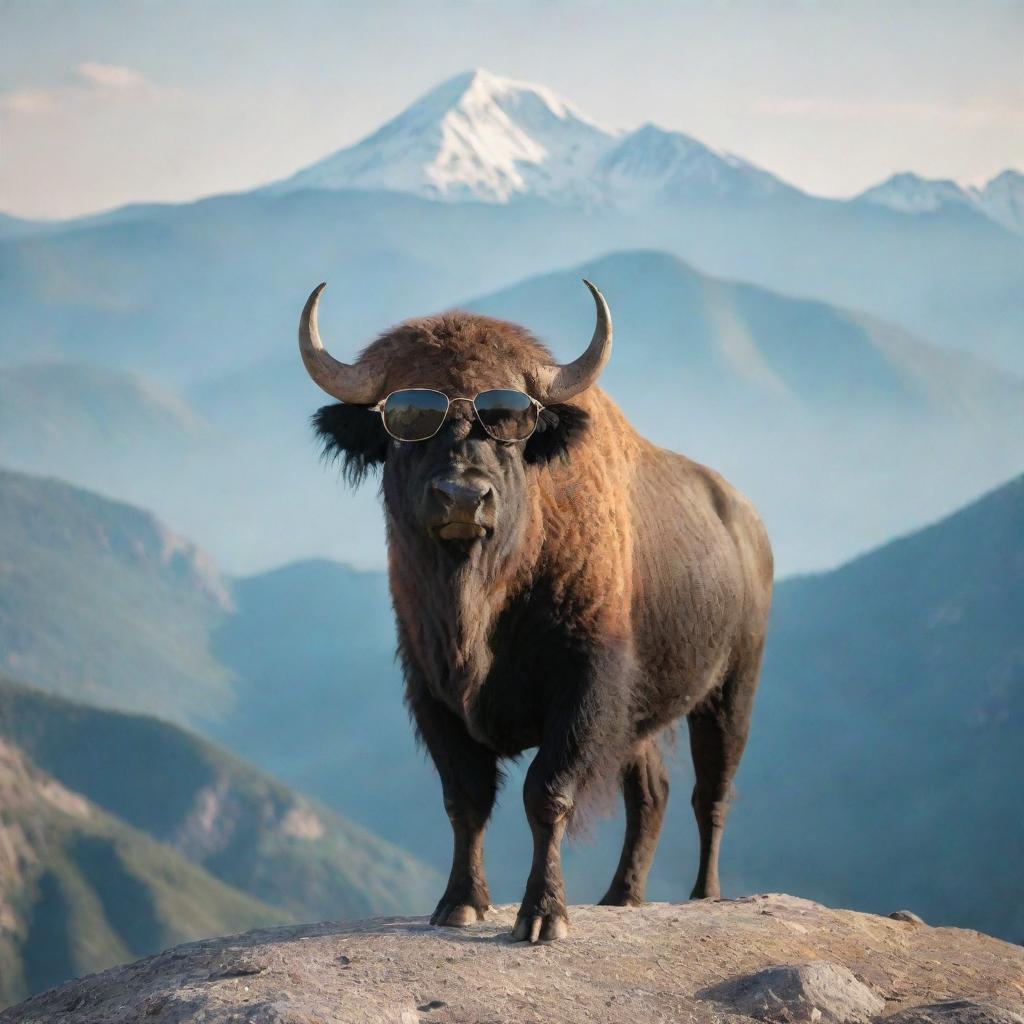 A majestic buffalo wearing sunglasses standing on top of a picturesque mountain