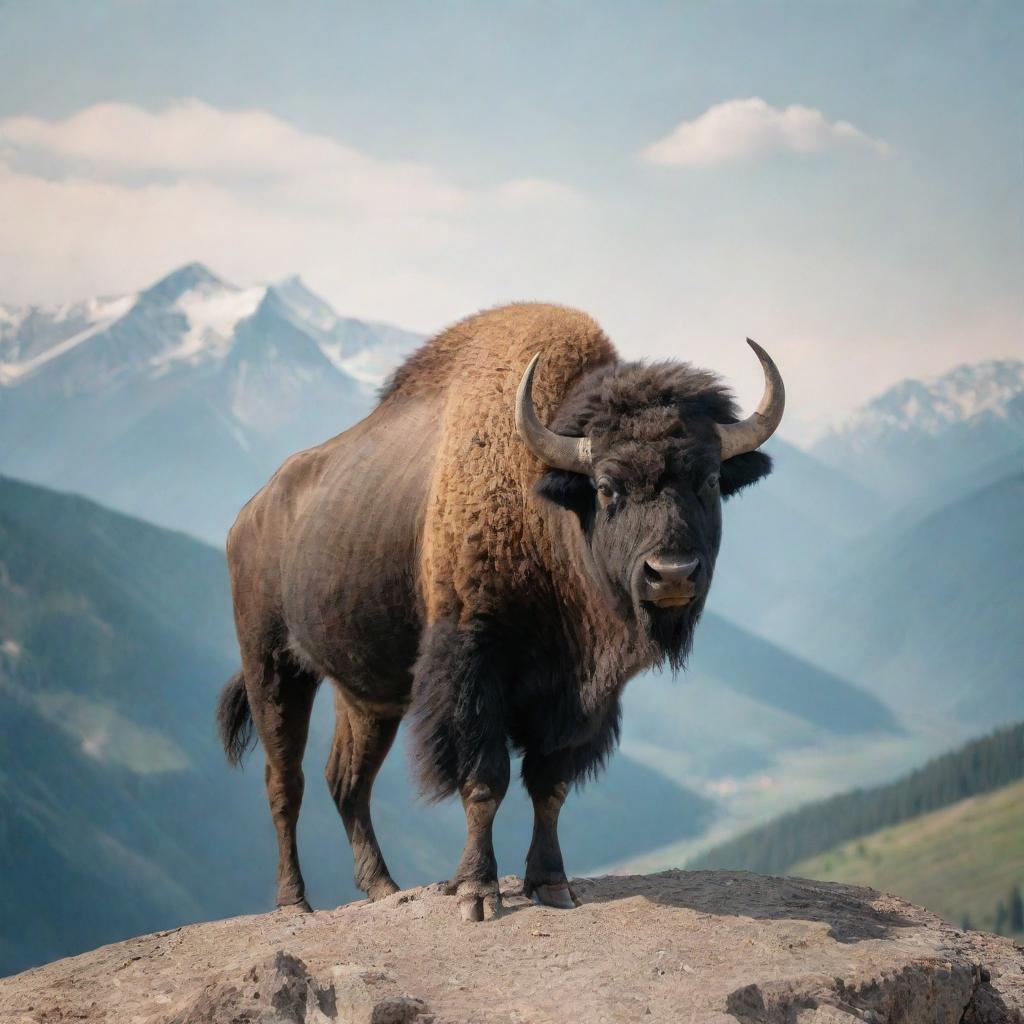 A majestic buffalo wearing sunglasses standing on top of a picturesque mountain