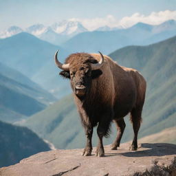 A majestic buffalo wearing sunglasses standing on top of a picturesque mountain