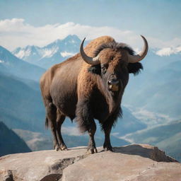 A majestic buffalo wearing sunglasses standing on top of a picturesque mountain