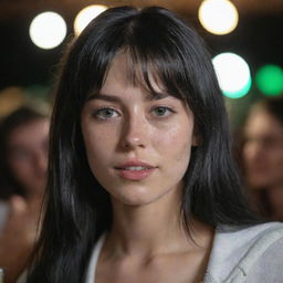 Capture a raw-style 4K HD, medium-distance side shot of a 23-year-old female not looking at the camera. She has a medium body build, green eyes, freckles, and long black hair with white streaks in the bangs. Clad in casual clothes, she's enjoying a beer at a night party.