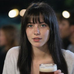 Capture a raw-style 4K HD, medium-distance side shot of a 23-year-old female not looking at the camera. She has a medium body build, green eyes, freckles, and long black hair with white streaks in the bangs. Clad in casual clothes, she's enjoying a beer at a night party.