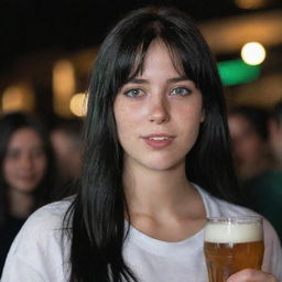 Capture a raw-style 4K HD, medium-distance side shot of a 23-year-old female not looking at the camera. She has a medium body build, green eyes, freckles, and long black hair with white streaks in the bangs. Clad in casual clothes, she's enjoying a beer at a night party.