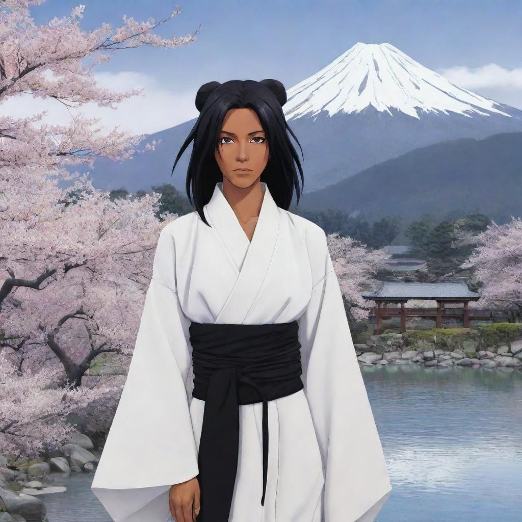 Illustration of Yoruichi Shihōin, a character from Bleach, set against the backdrop of Tsukiguni, a traditional Japanese landscape with snow-capped peaks, serene rivers, and cherry blossoms in full bloom.