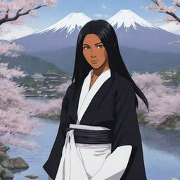 Illustration of Yoruichi Shihōin, a character from Bleach, set against the backdrop of Tsukiguni, a traditional Japanese landscape with snow-capped peaks, serene rivers, and cherry blossoms in full bloom.