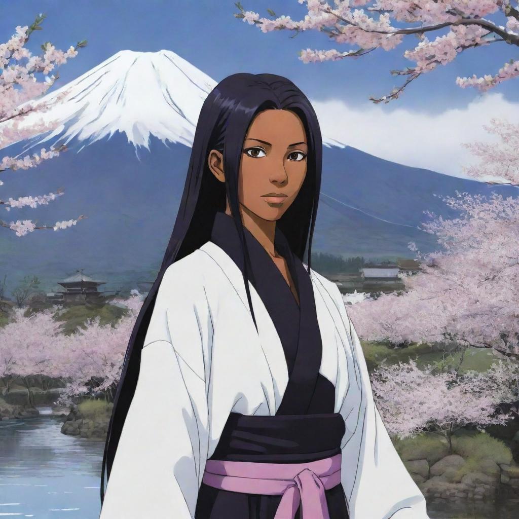 Illustration of Yoruichi Shihōin, a character from Bleach, set against the backdrop of Tsukiguni, a traditional Japanese landscape with snow-capped peaks, serene rivers, and cherry blossoms in full bloom.