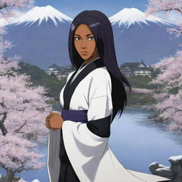 Illustration of Yoruichi Shihōin, a character from Bleach, set against the backdrop of Tsukiguni, a traditional Japanese landscape with snow-capped peaks, serene rivers, and cherry blossoms in full bloom.