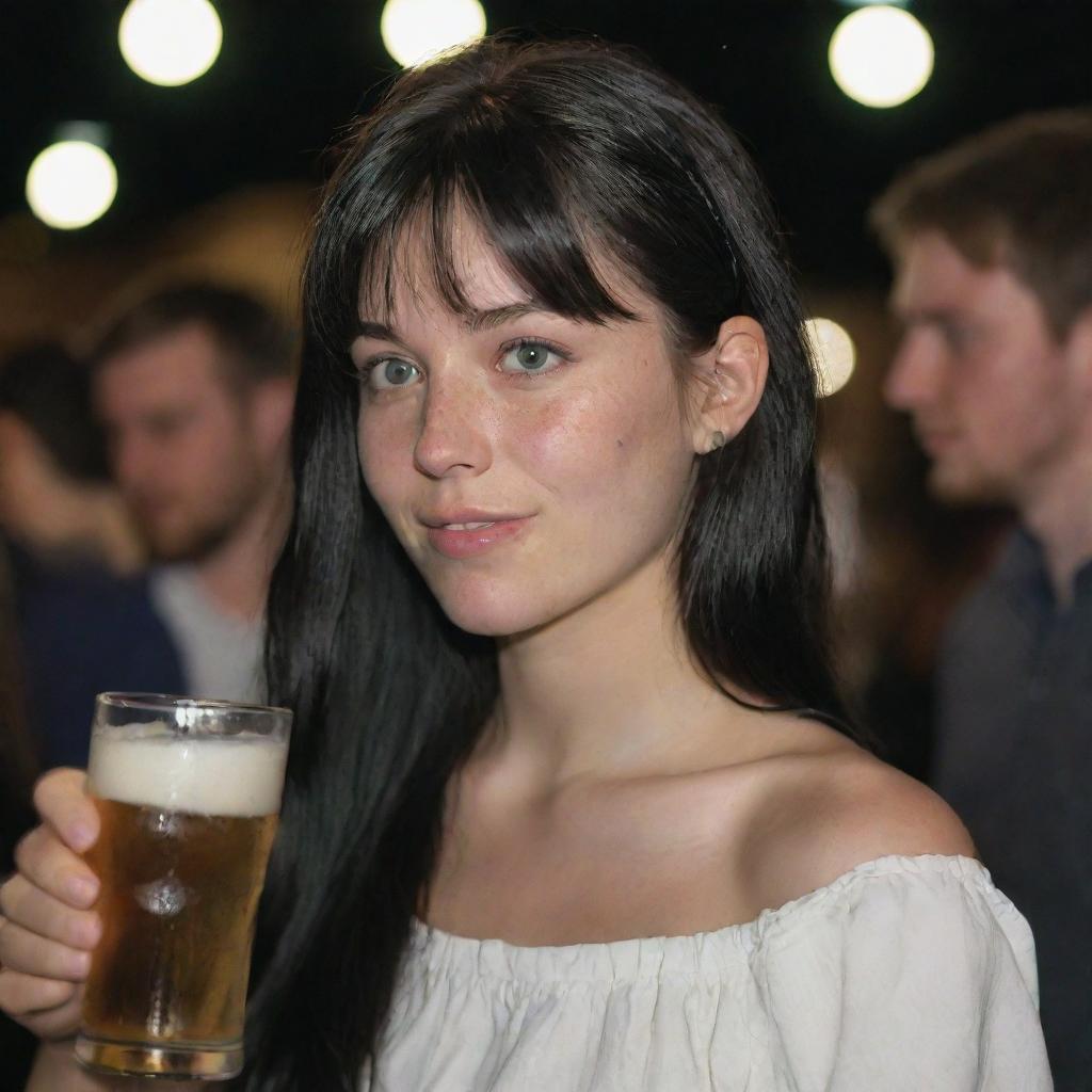 Capture a raw-style 4K HD, medium-distance side shot of a 23-year-old female not looking at the camera. She has a medium body build, green eyes, freckles, and long black hair with white streaks in the bangs. Clad in occasion clothes, she's enjoying a beer at a night party.