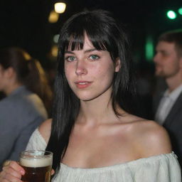 Capture a raw-style 4K HD, medium-distance side shot of a 23-year-old female not looking at the camera. She has a medium body build, green eyes, freckles, and long black hair with white streaks in the bangs. Clad in occasion clothes, she's enjoying a beer at a night party.