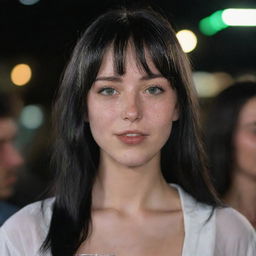 Capture a raw-style 4K HD, medium-distance side shot of a 23-year-old female not looking at the camera. She has a medium body build, green eyes, freckles, and long black hair with white streaks in the bangs. Clad in occasion clothes, she's enjoying a beer at a night party.