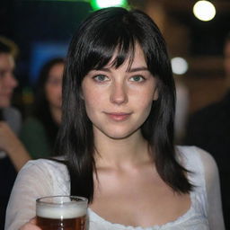 Capture a raw-style 4K HD, medium-distance side shot of a 23-year-old female not looking at the camera. She has a medium body build, green eyes, freckles, and long black hair with white streaks in the bangs. Clad in occasion clothes, she's enjoying a beer at a night party.