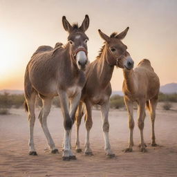 A friendly donkey standing alongside a camel in a peaceful desert setting during sunset.