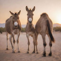 A friendly donkey standing alongside a camel in a peaceful desert setting during sunset.