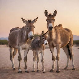 A friendly donkey standing alongside a camel in a peaceful desert setting during sunset.